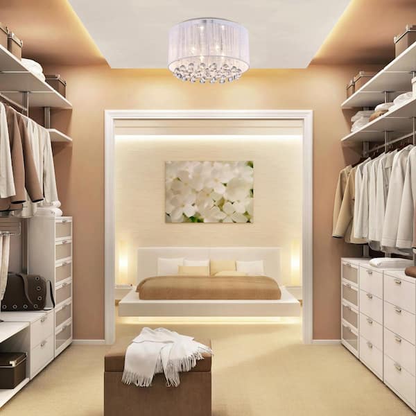 Belle 4-Light Chrome Flush Mount with White Threaded Drum Shade and Clear Glass Hanging Crystals