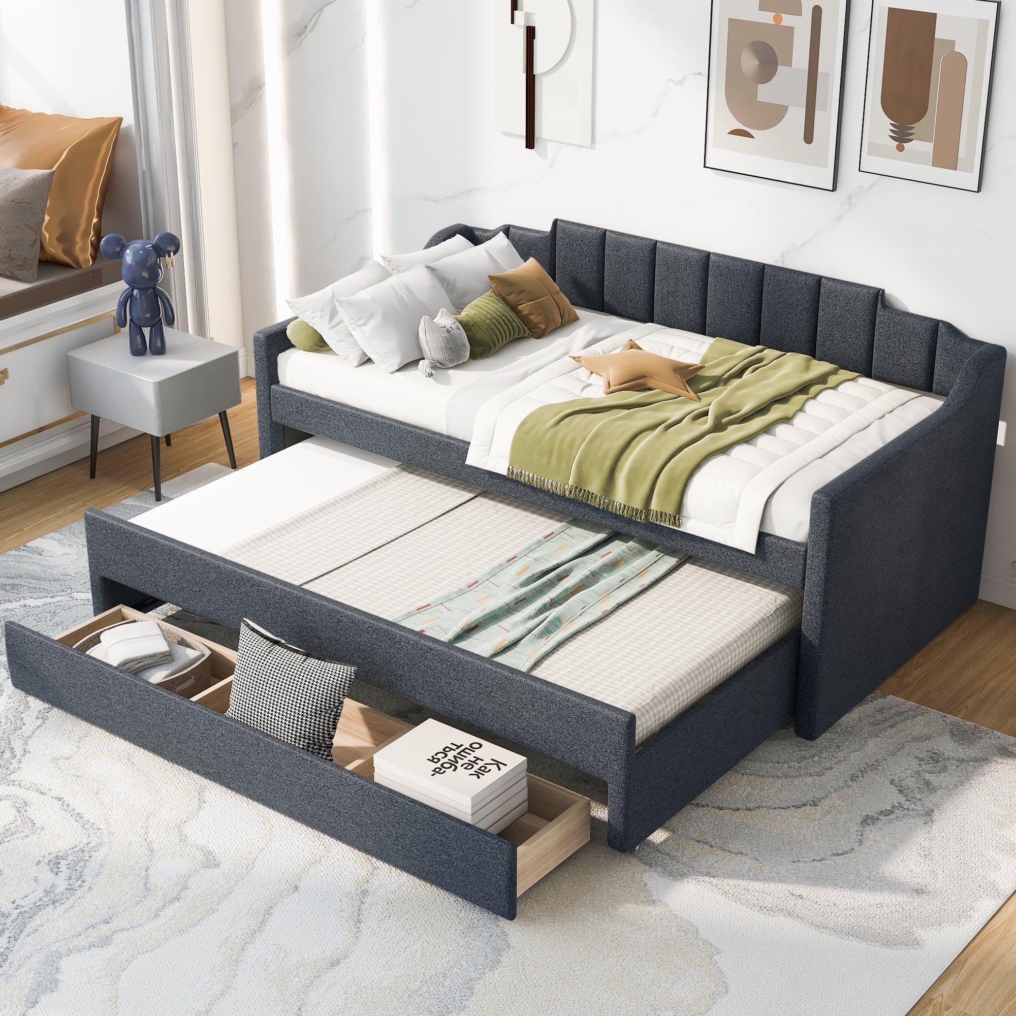 EUROCO Twin Size Upholstery Daybed with Trundle and Drawers for Kids Bedroom, Gray