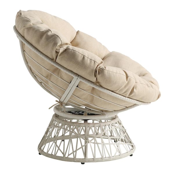Papasan Chair with Cream Round Pillow Cushion and Cream Wicker Weave