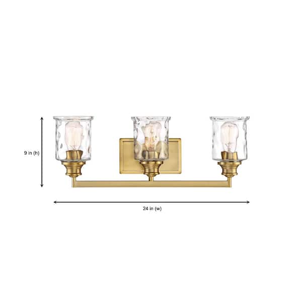 Drake 24 in. 3-Light Brushed Gold Modern Vanity with Clear Hammered Glass Shades