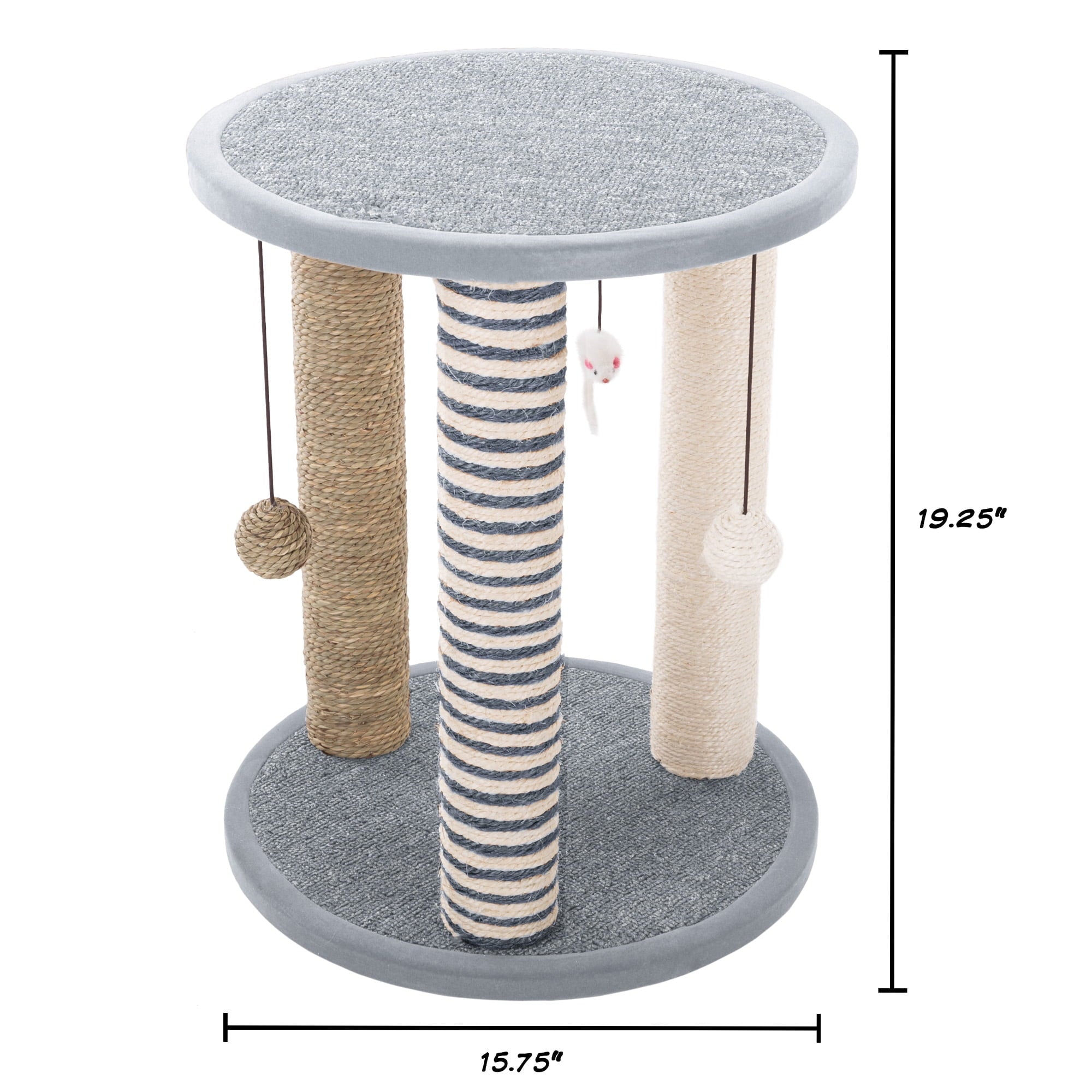 PetMaker Gray Cat Sisal Scratching Post Tower - 3 Posts, 2 Carpeted Perches, Hanging Ball/Mouse Toy