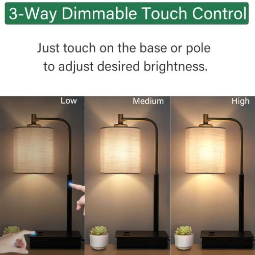 Touch Control Table Lamp 3way Dimmable Modern Bedside Lamp With USB Port