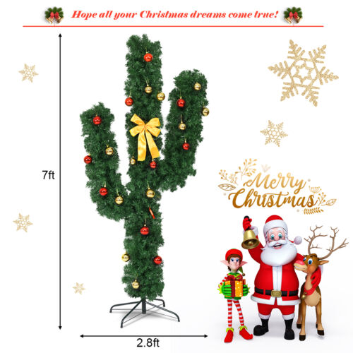 7Ft Cactus Artificial Christmas Tree Pre-Lit w/LED Lights and Ball Ornaments