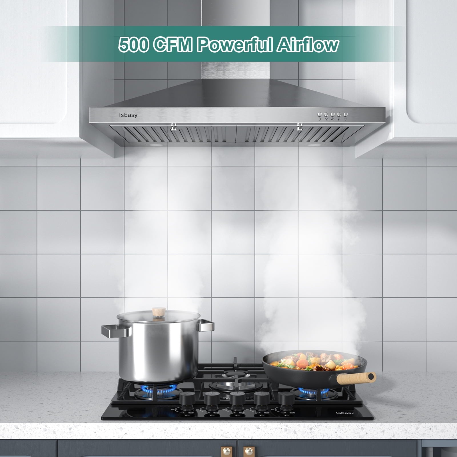 Range Hood 30 inch, IsEasy Wall Mount Vent Hood 500 CFM with Ducted Convertible Ductless Kitchen Hood in Stainless Steel, 3 Speed Exhaust Fan, LED Lights