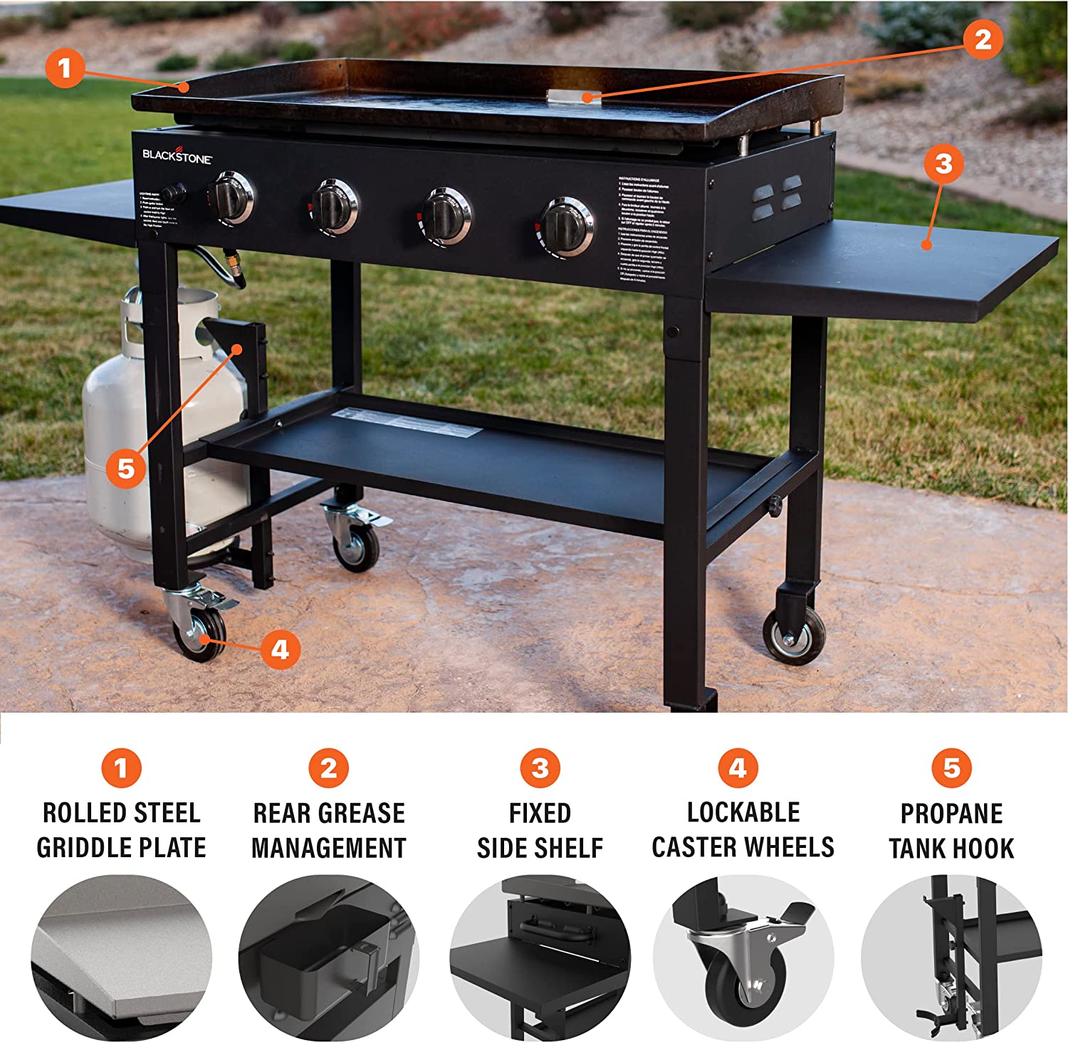 Inch Gas Griddle Cooking Station 4 Burner Flat Top Gas Grill Propane Fuelled Restaurant Grade Professional 36¡± Outdoor Griddle Station with Side Shelf (1554)