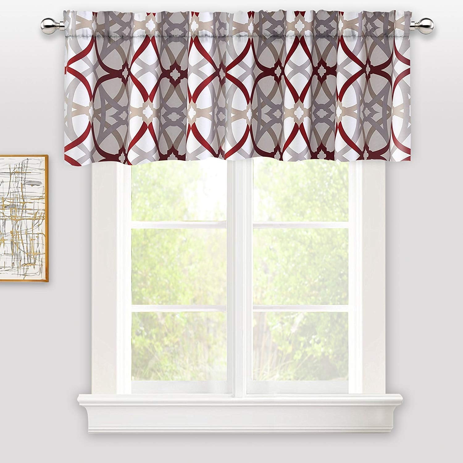 DriftAway Alexander Spiral Geo Trellis Pattern Window Curtain Valance Rod Pocket 52 Inch by 18 Inch Plus 2 Inch Header Red and Gray
