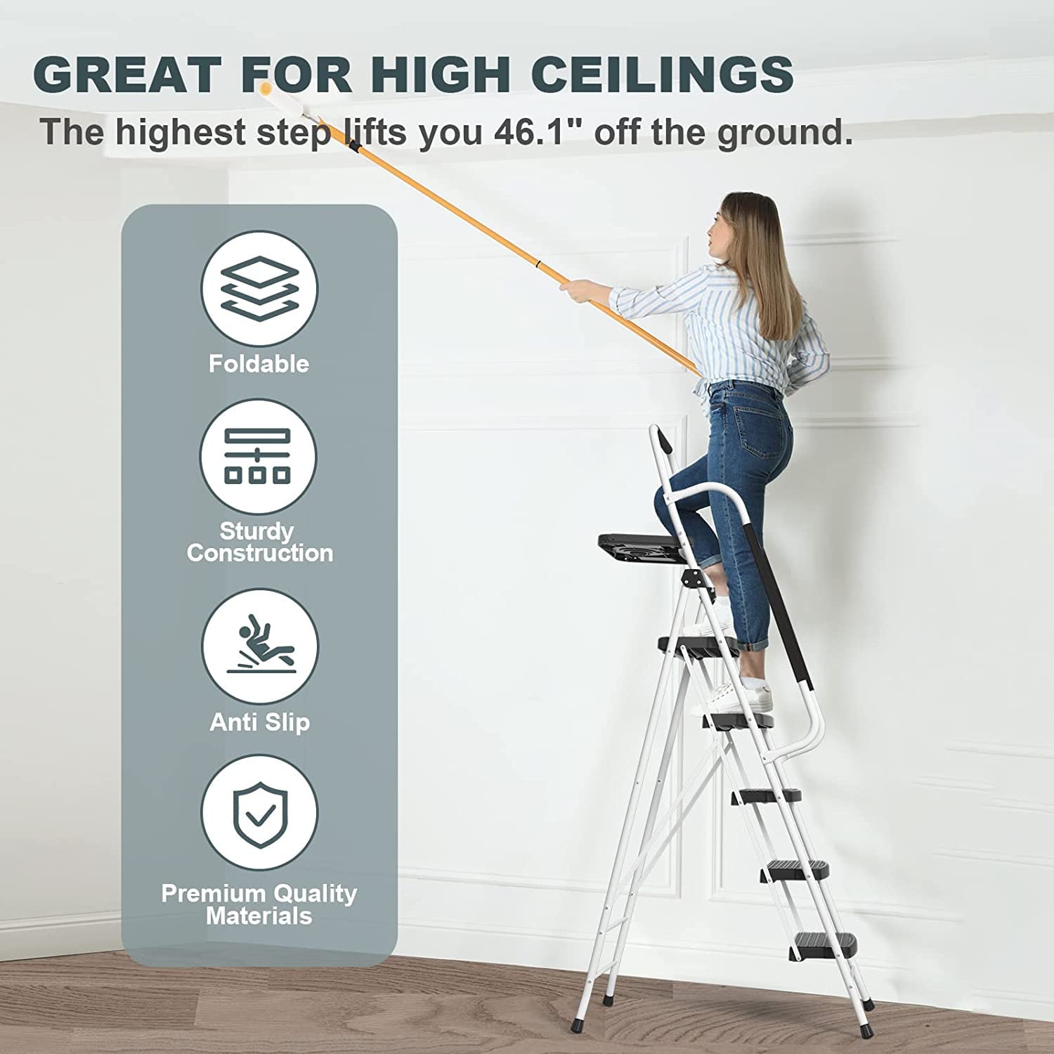 HBTower Folding 5-Step Ladder, 330lbs, with Handrails and Tool Tray and Anti-Slip Pedal, White