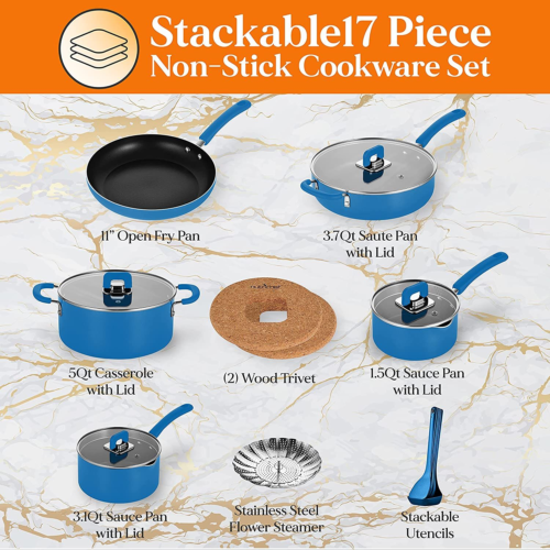 NutriChef Kitchenware Cookware, Non-Stick Pans, and Pots with One Size, Blue