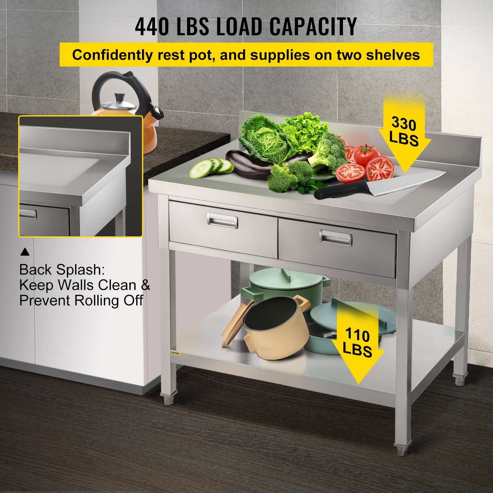 Commercial Work Table Workstation 24 x 42 Inches Commercial Food Prep Work Table with 2 Drawers, Undershelf and Backsplash, 992 lbs Load Stainless-Steel Kitchen Island for Restaurant, Home and Hotel