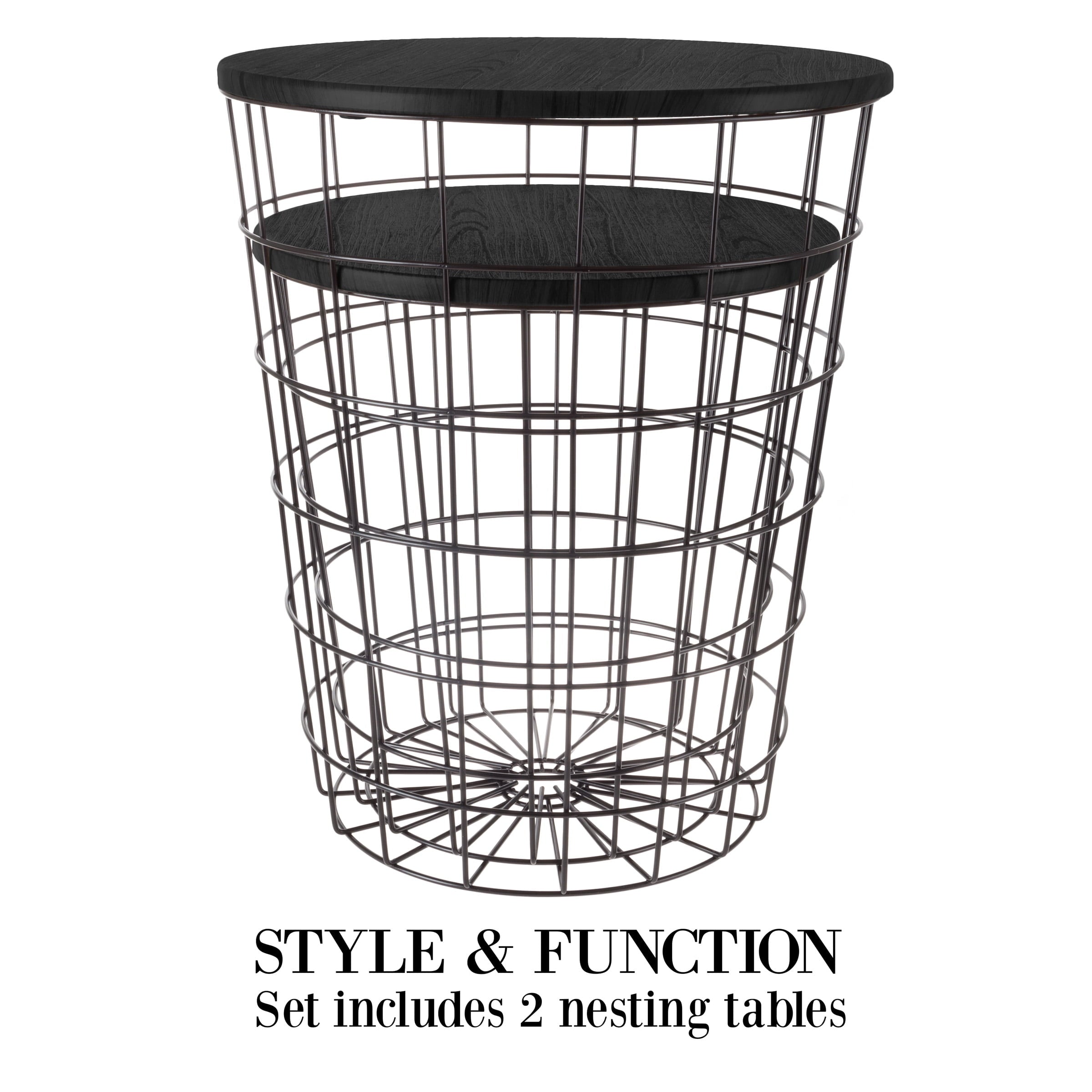 Nesting End Tables with Storage- Set of 2 Round Metal Baskets By Lavish Home (Black)