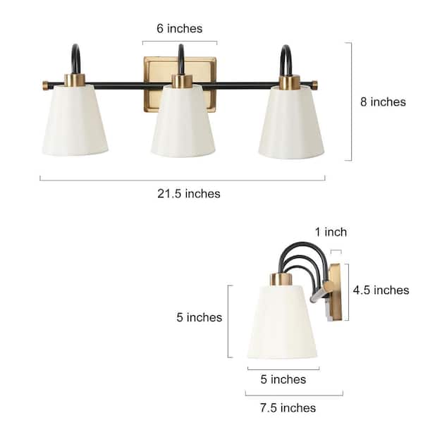 Modern Classic 3-Light Matte Black and Plating Brass Vanity Light with White Cone Fabric Shades