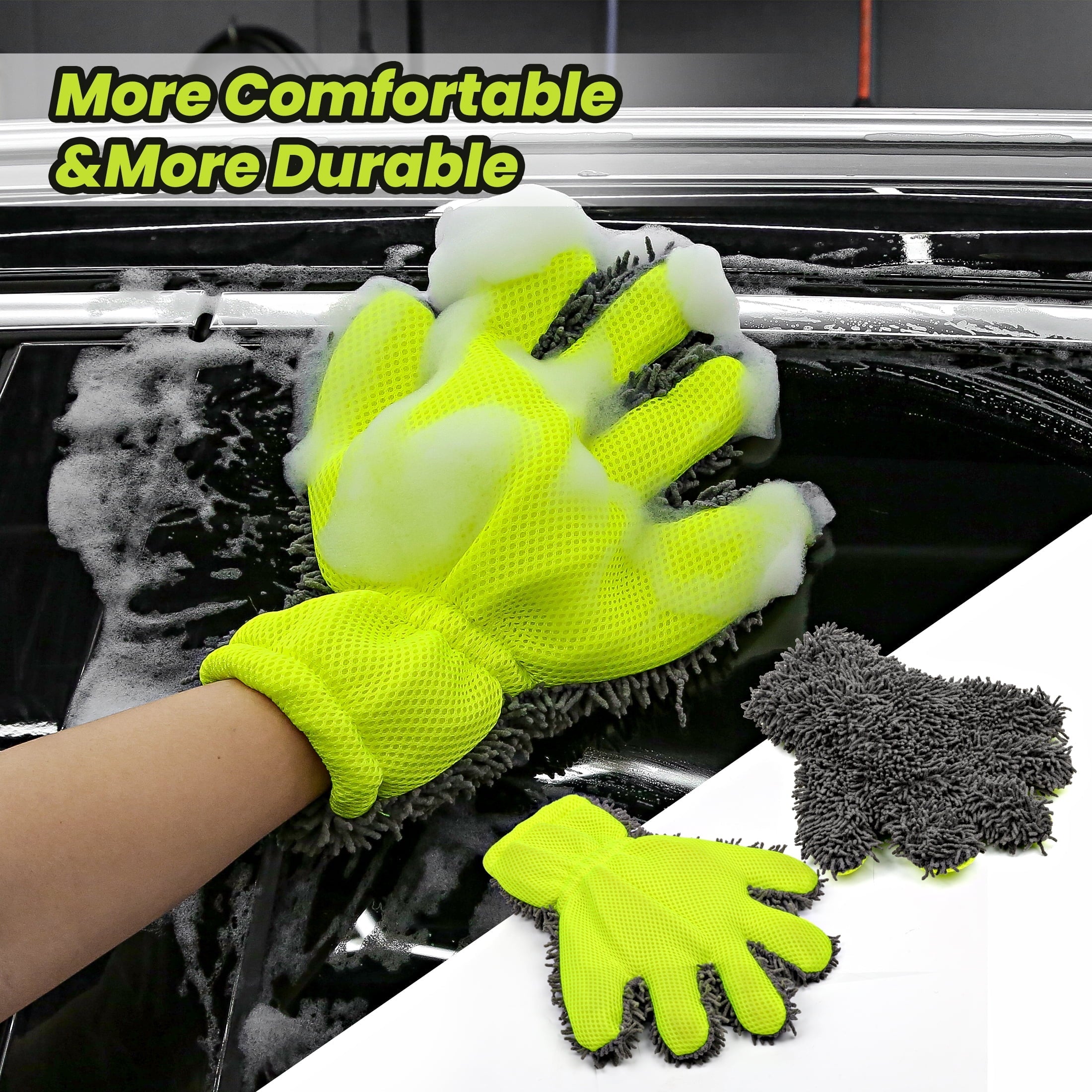 2Pcs car wash glove,5-Finger Chenille Mitt,microfiber car wash mitt