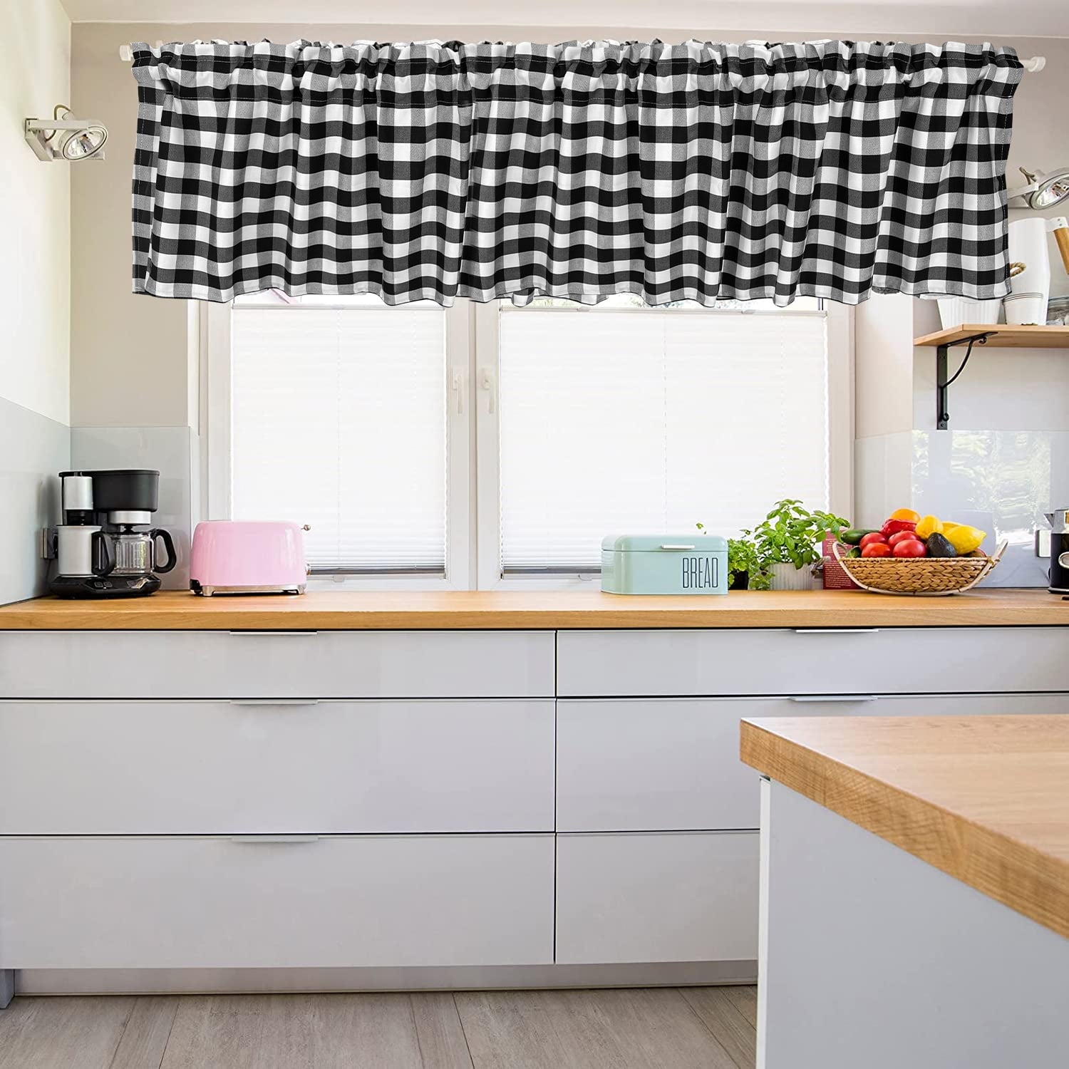 2 Pack Buffalo Check Plaid Window Valances Curtains White and Black, 16 x 56 inch, Blackout
