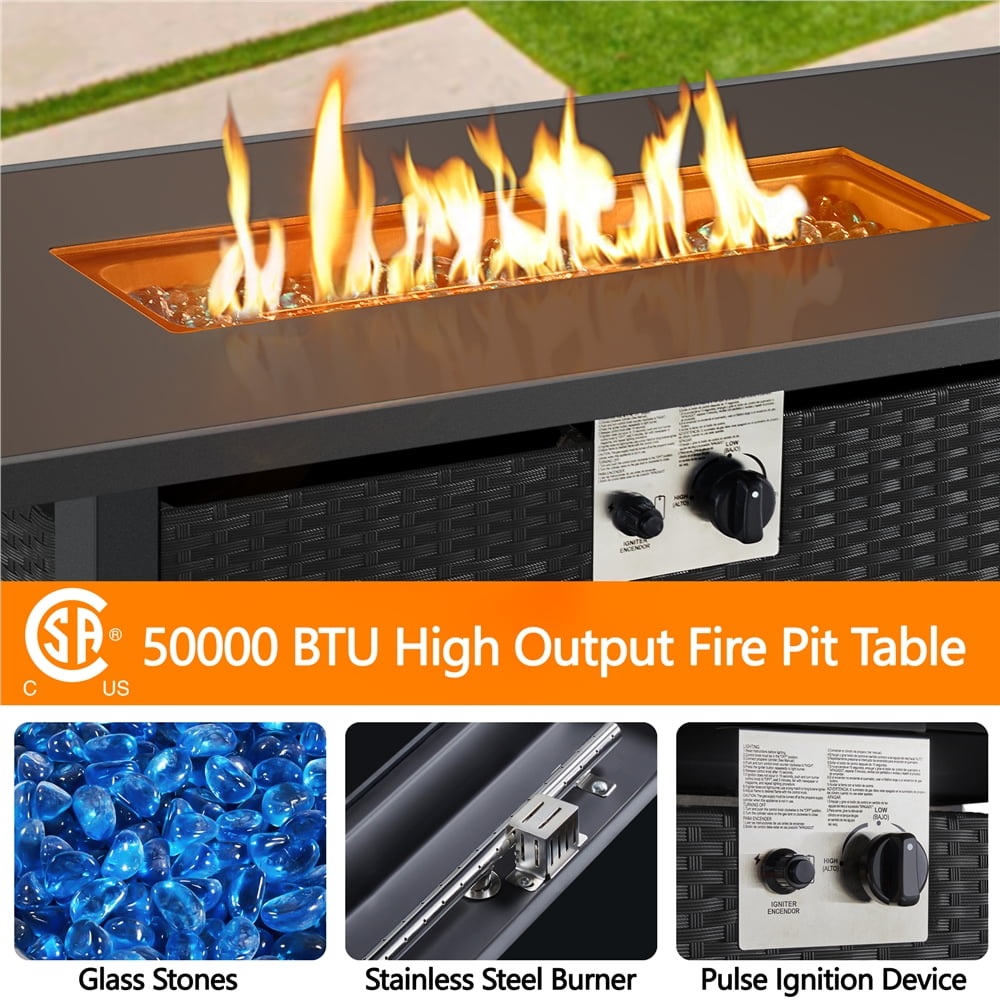 Topeakmart 43'' Propane Fire Pit Table with Tempered Glass Tabletop 50,000 BTU, Black