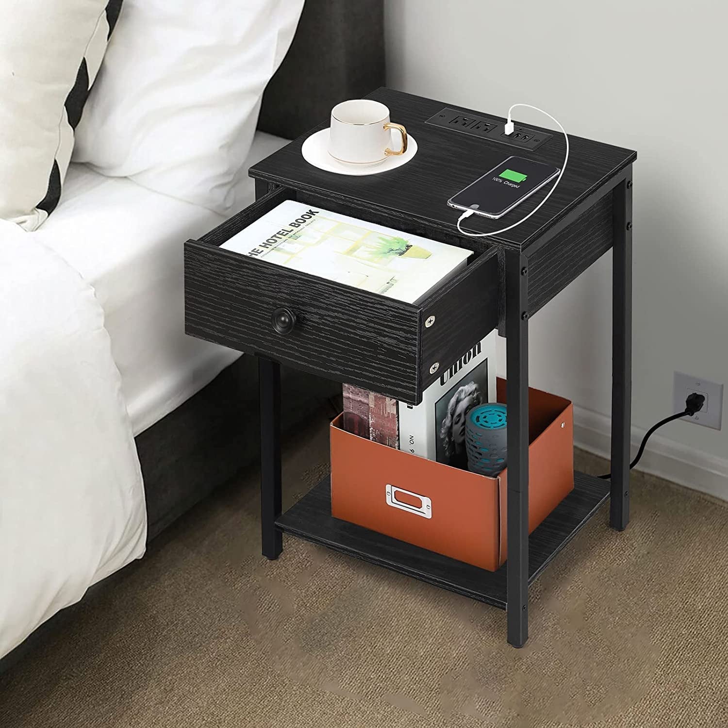 Nightstand End Table with Charging Station, USB Ports, Drawer and Storage Shelf, Black