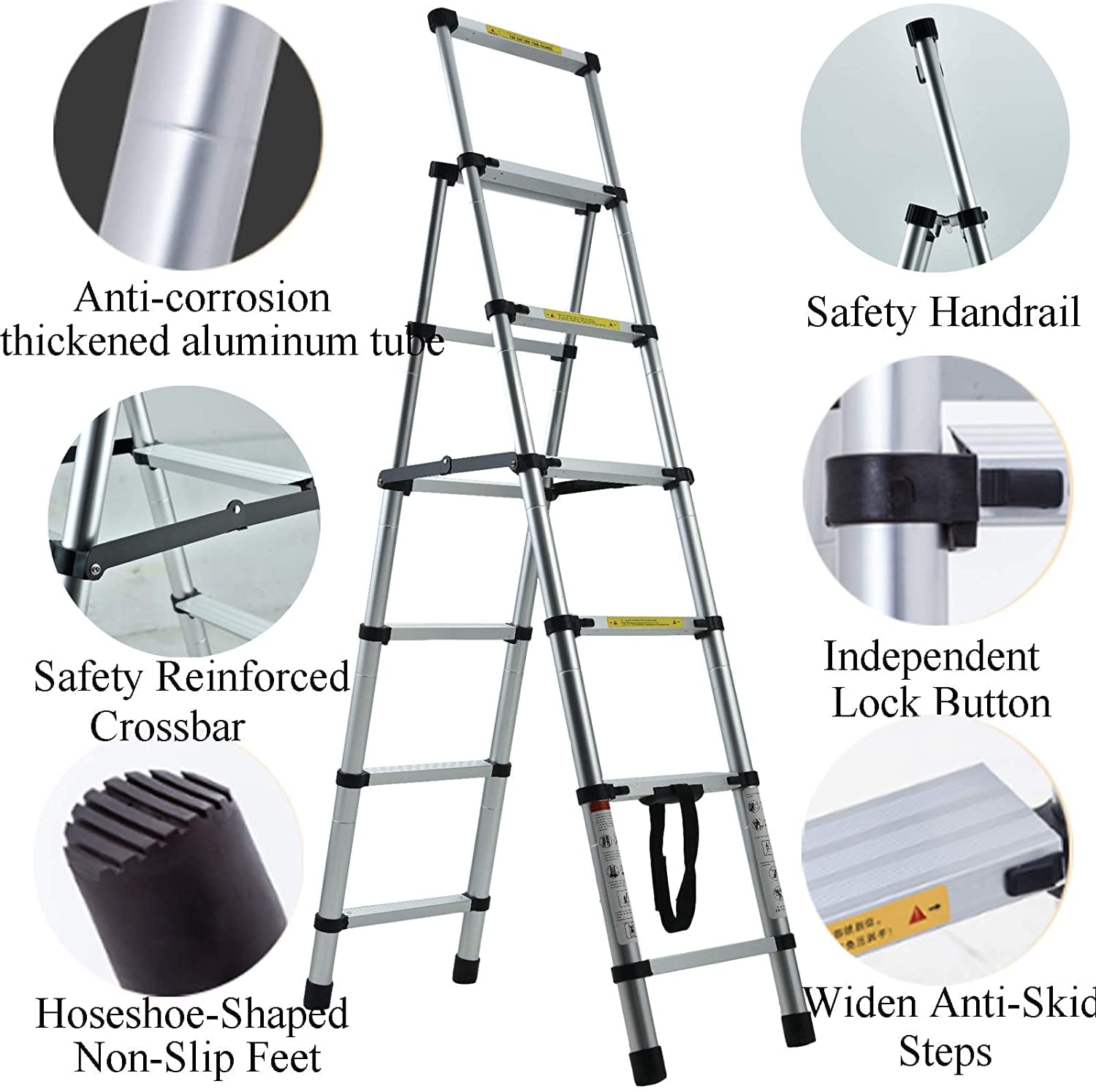 Thicken Aluminum Extension Step Ladder Folding Telescopic Ladder Telescoping Ladders 1.7M - 2M, Extra Wide Steps and Anti-Slip feet Ladder (5+6 Step)