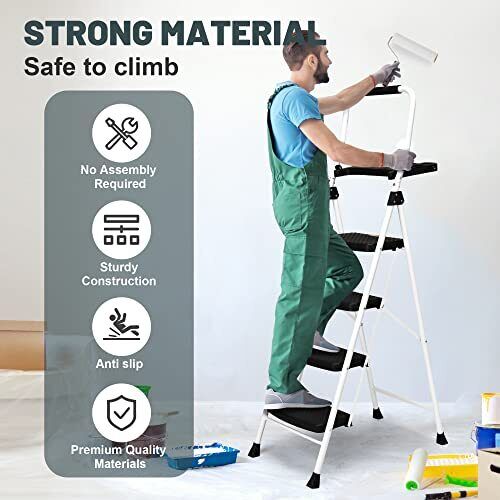 4 Step Ladder Folding Step Stool With Tool Platform Sturdy& Portable Steel Ladde