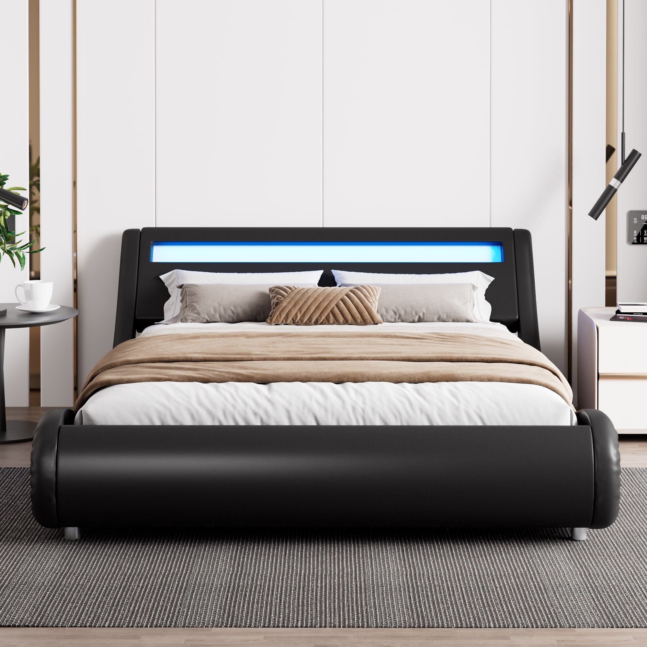 Amolife Queen Size Wave-Like Curve Deluxe Upholstered Modern Bed Frame with LED Headboard,Black