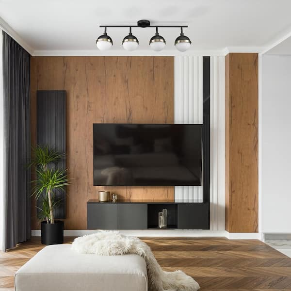 Bari 2.8 ft. 4-Lights Matte Black Fixed Track Lighting Kit with Brass Accents and Frosted Glass Shades, Bulbs Included