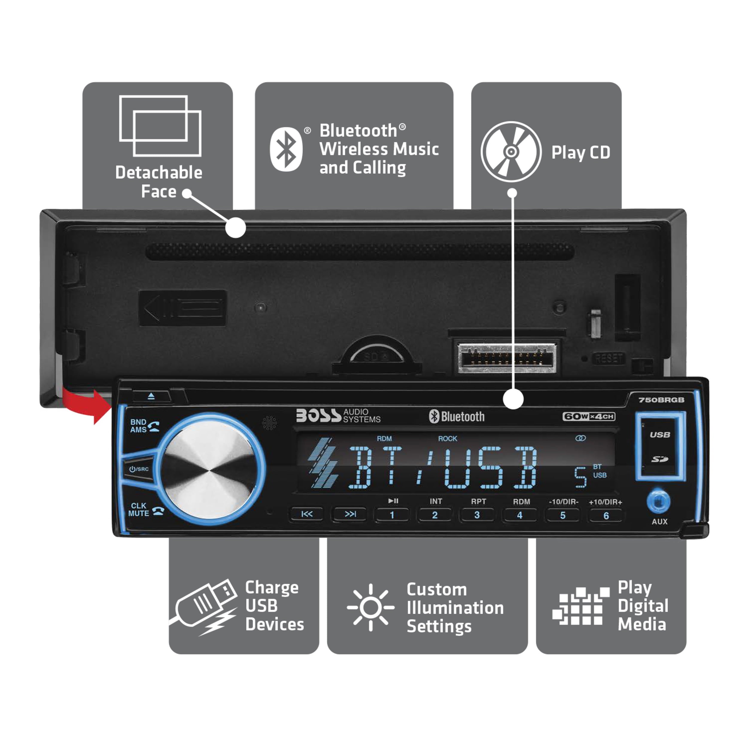 BOSS Audio Systems 750BRGB Car Audio Stereo System - Single Din, Bluetooth Audio and Calling Head Unit, CD Player, USB, AUX Input, AM/FM Radio Receiver, Multi Color Illumination, Hook up to Amplifier