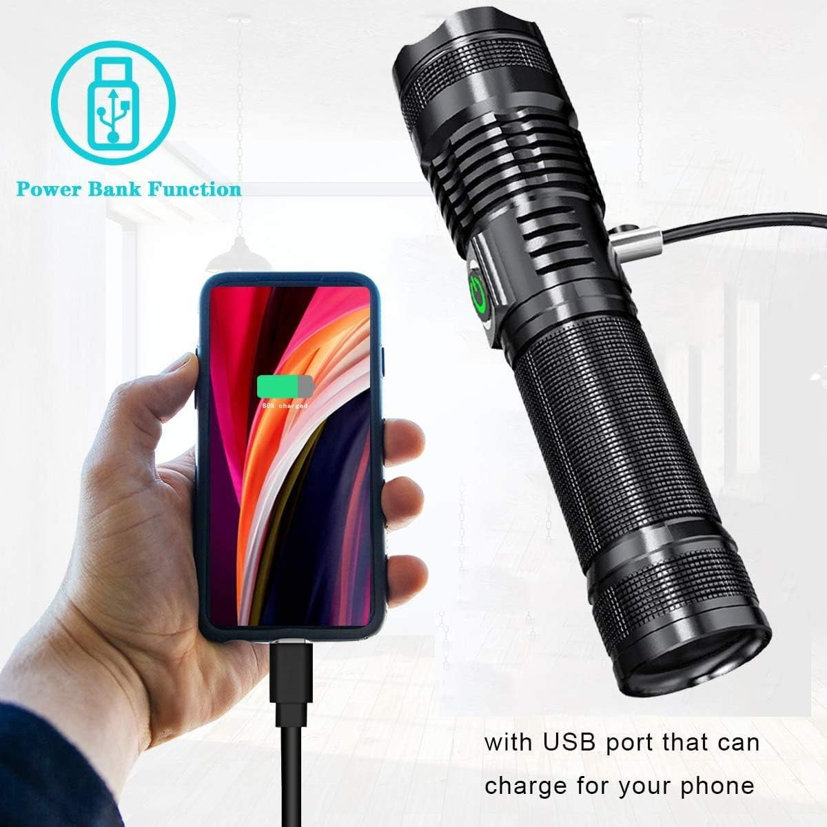 Rechargeable LED Flashlights High Lumens, Super Bright Tactical Handheld Flash Light, 5 Modes, Zoomable, Waterproof, Long Lasting, for Camping, Hiking, Emergencies