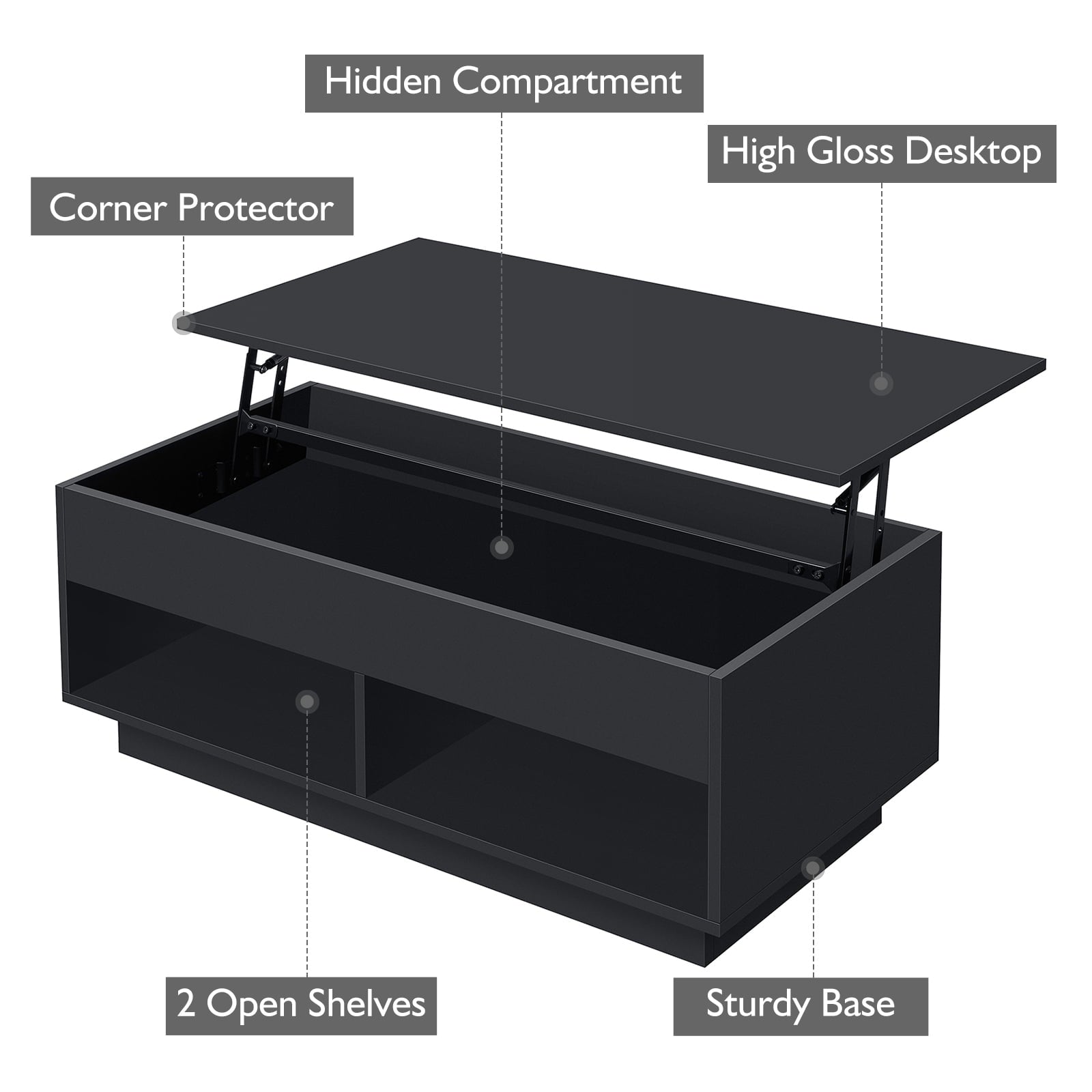 Hommpa Lift Top Coffee Table with Hidden Compartment High Gloss LED Coffee Tables Center Rising Cocktail Table for Living Room Accent Furniture Black Finish