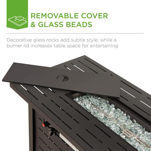Dark Brown 42 in. Rectangular Steel Fire Pit Table 50,000 BTU Propane Gas with Cover, Glass Beads