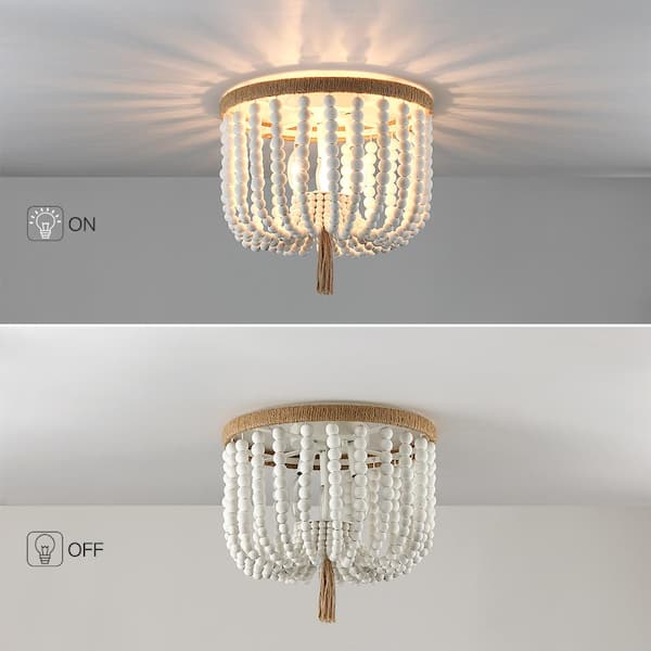 12.6 in. 3-Light Bohemia Antique White Wood Beaded Flush Mount Ceiling Light with Brown Rope Tassel
