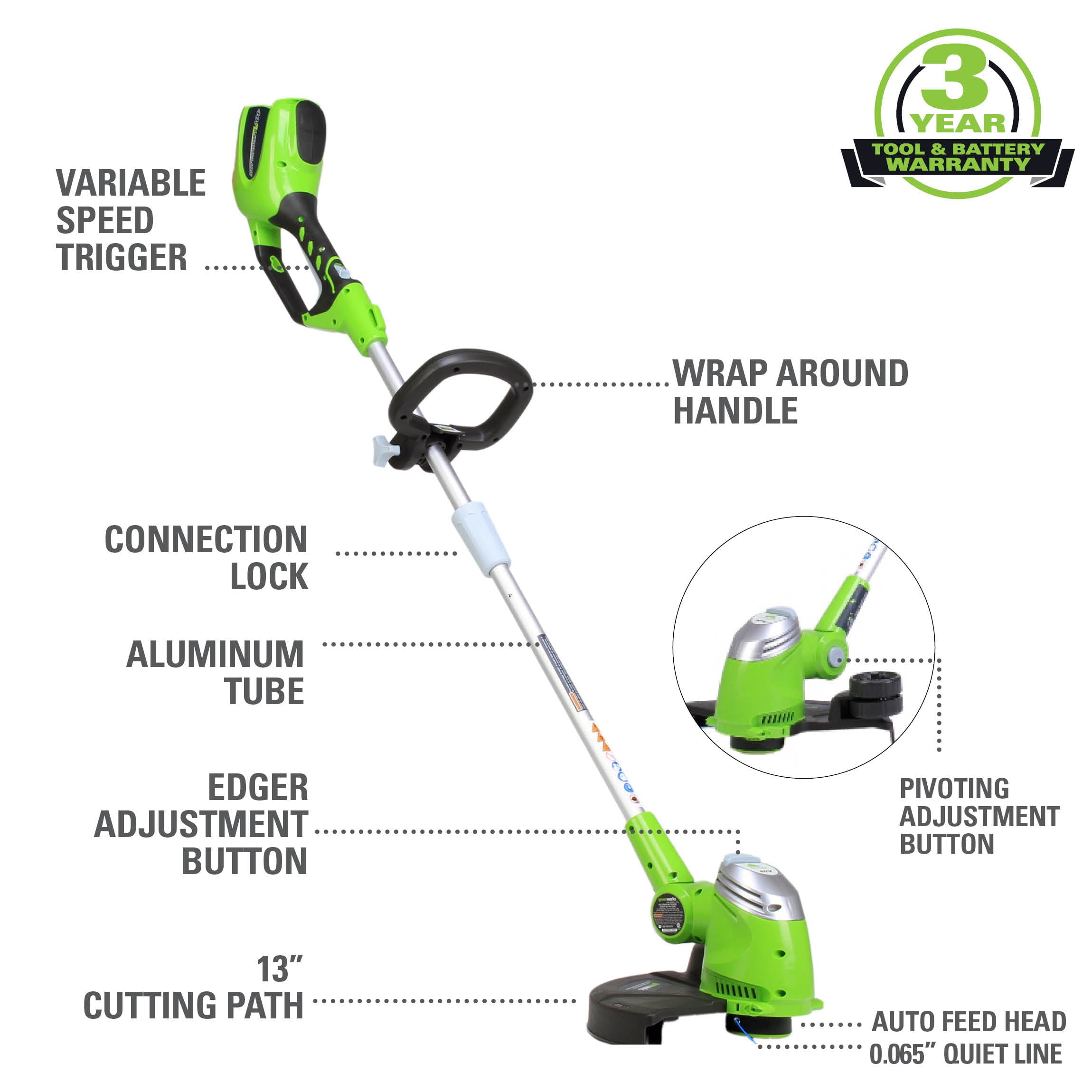 Greenworks 40V 13-inch Cordless String Trimmer/Edger with 20 Ah Battery and Charger, 21302
