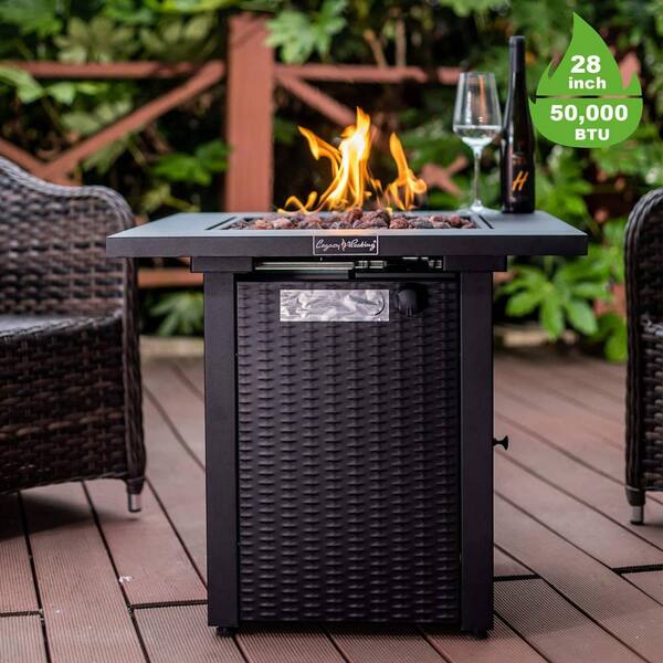 Black 28 in. Metal Outdoor Propane Fire Pit Table 50000 BTU Gas Dinning Fire Table with Lid Lava Stone Adjustable Flame