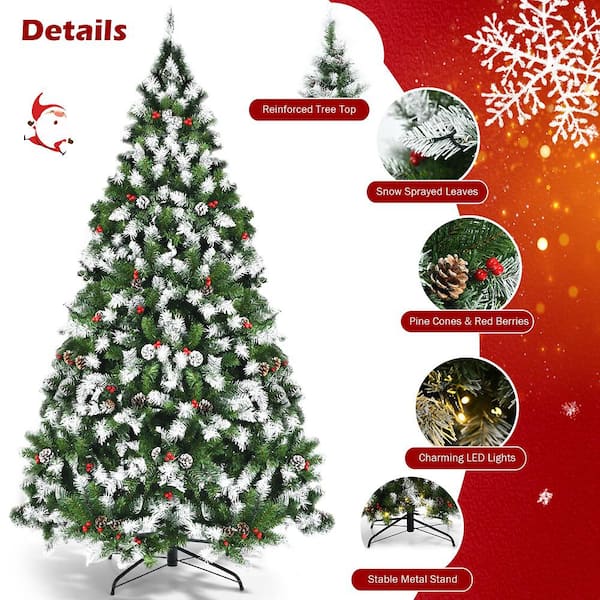 6 ft. Pre-lit Snowy Artificial Christmas Tree 818 Tips with Pine Cones and Red Berries