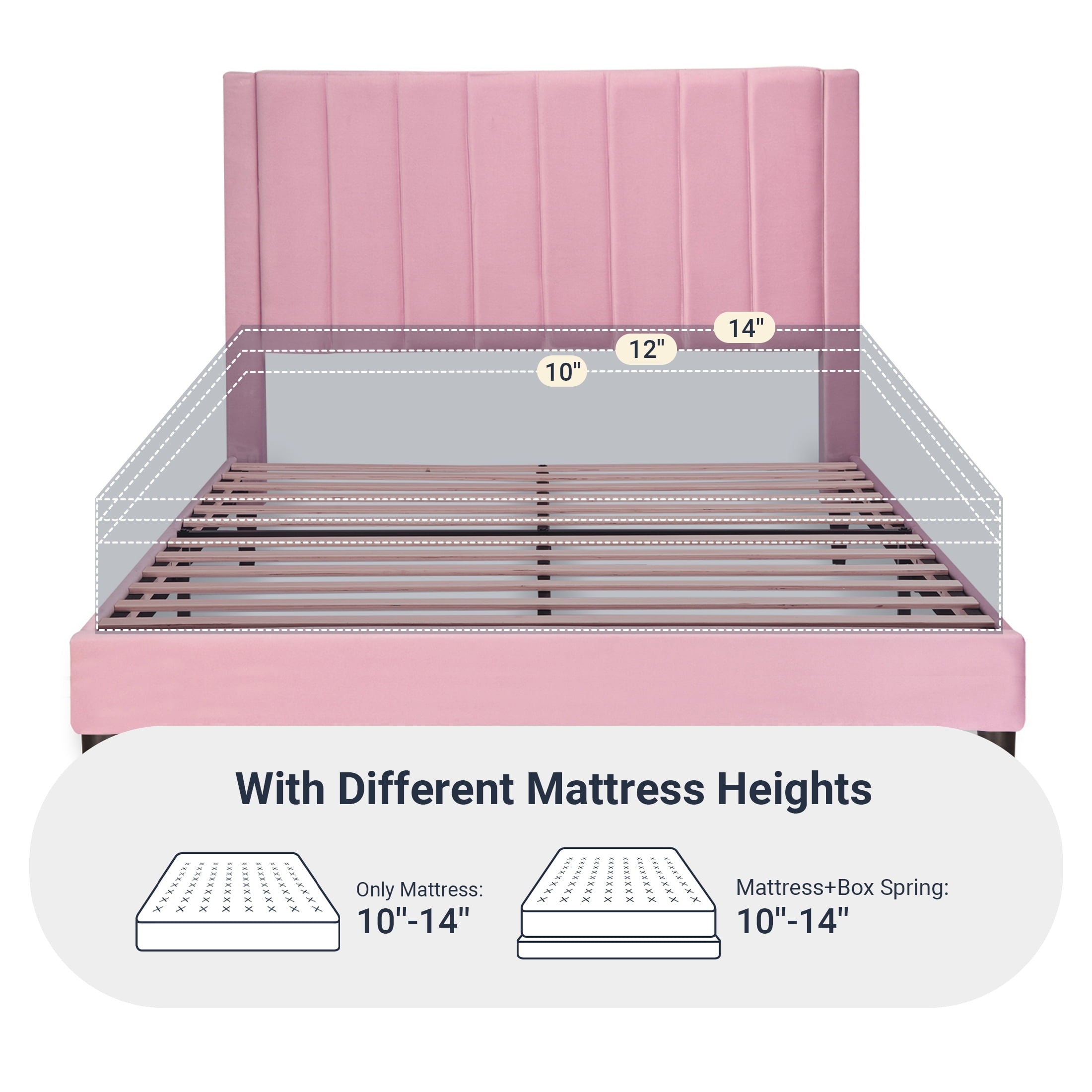 Allewie Queen Velvet Upholstered Bed Frame with Vertical Channel Tufted Headboard, Light Pink