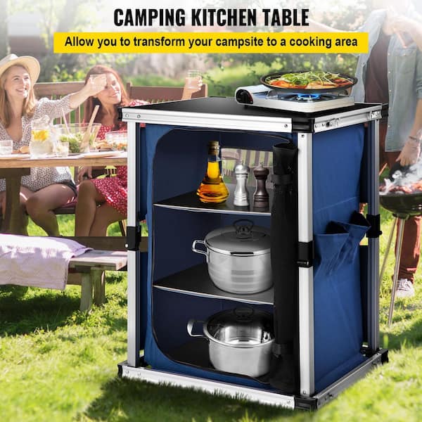 Camping Kitchen Table Pop-up Aluminum Portable Folding Cook Station with 3-Tier Storage Organizer Quick Installation