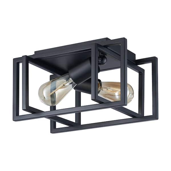 12 in. 2-Light Matte Black Open Geometric Frame Flush Mount