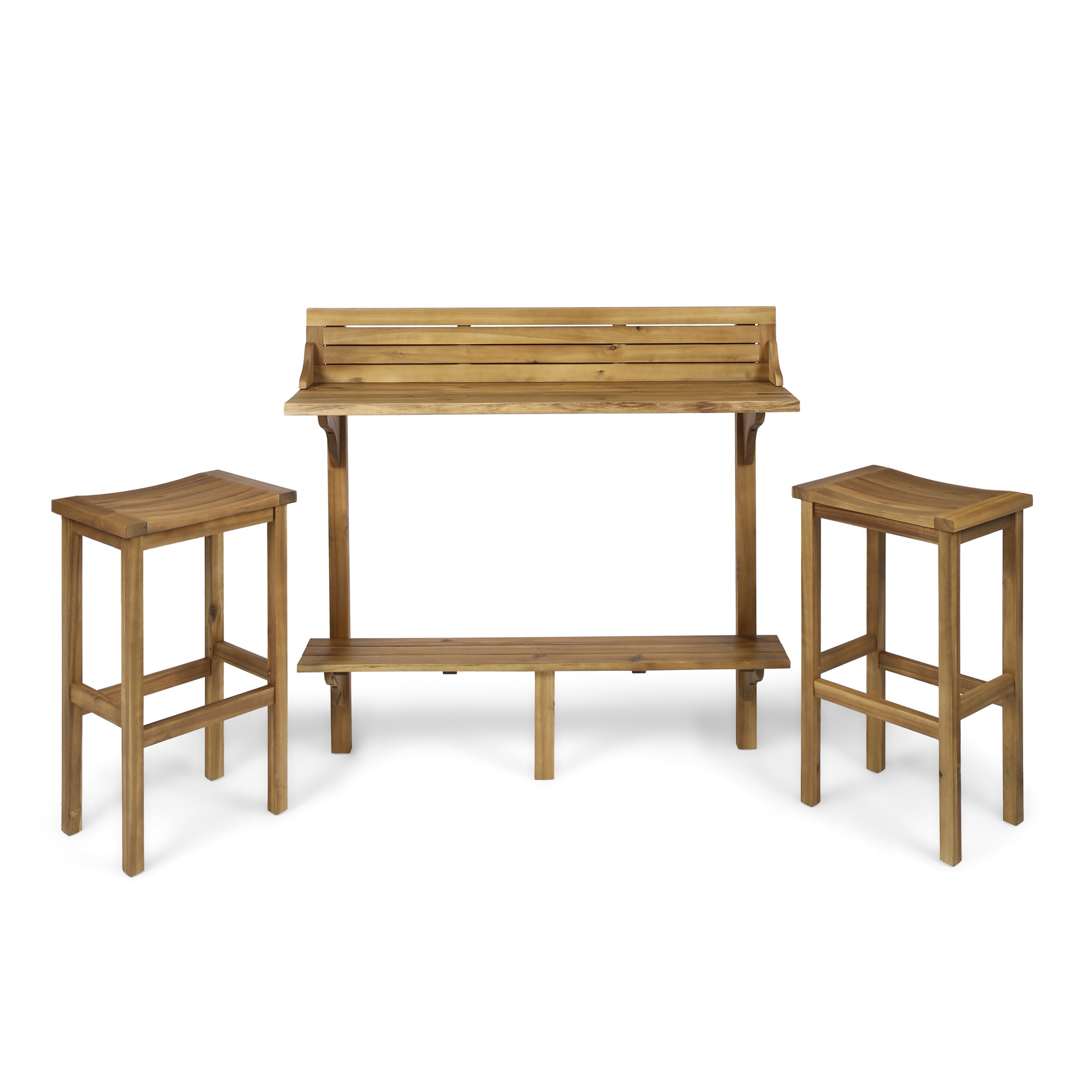 Caribbean Outdoor 3 Piece Acacia Wood Balcony Bar Set, Natural Stained