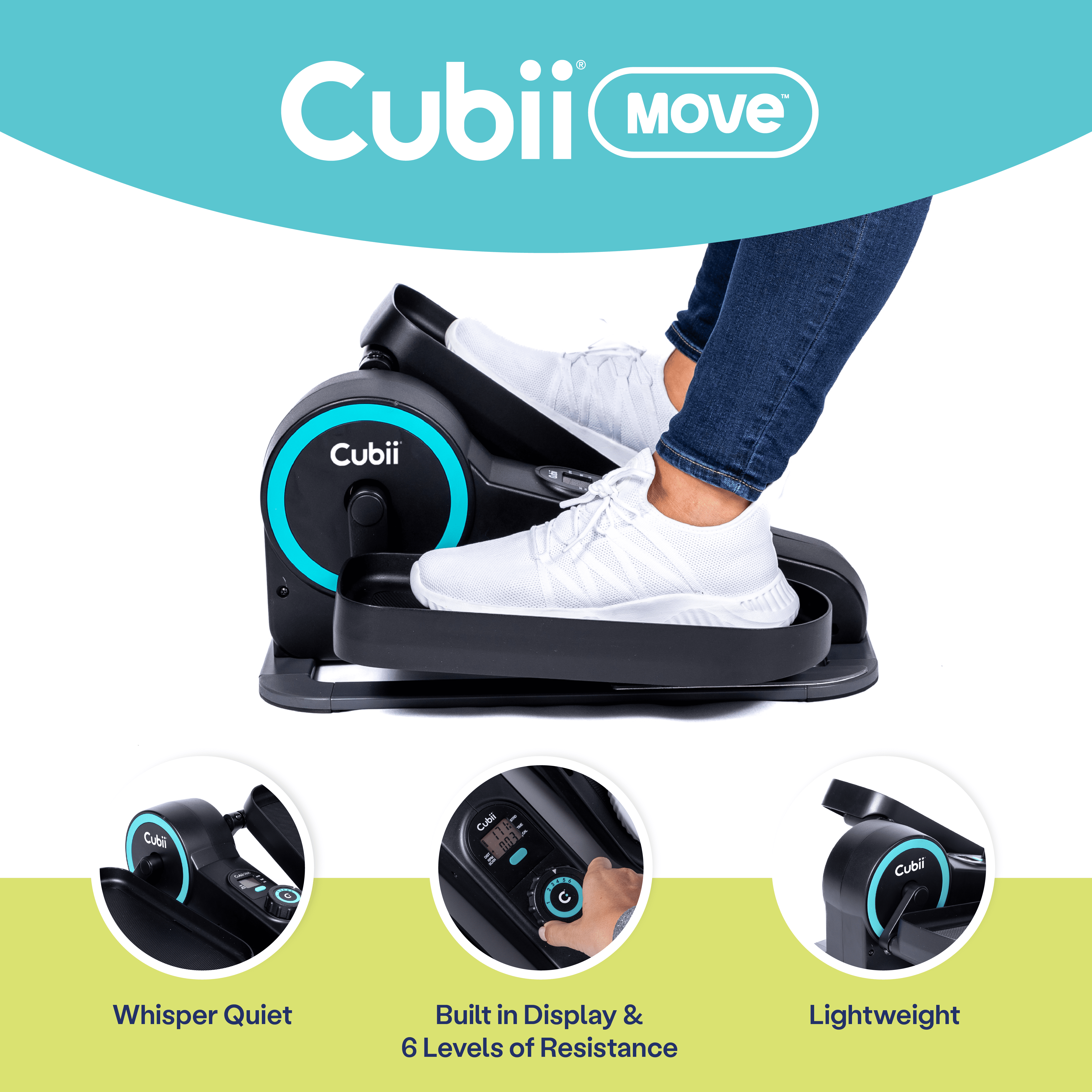 Cubii Move - Compact Seated Under Desk Elliptical Trainer, 6 Adjustable Magnetic Resistance Levels