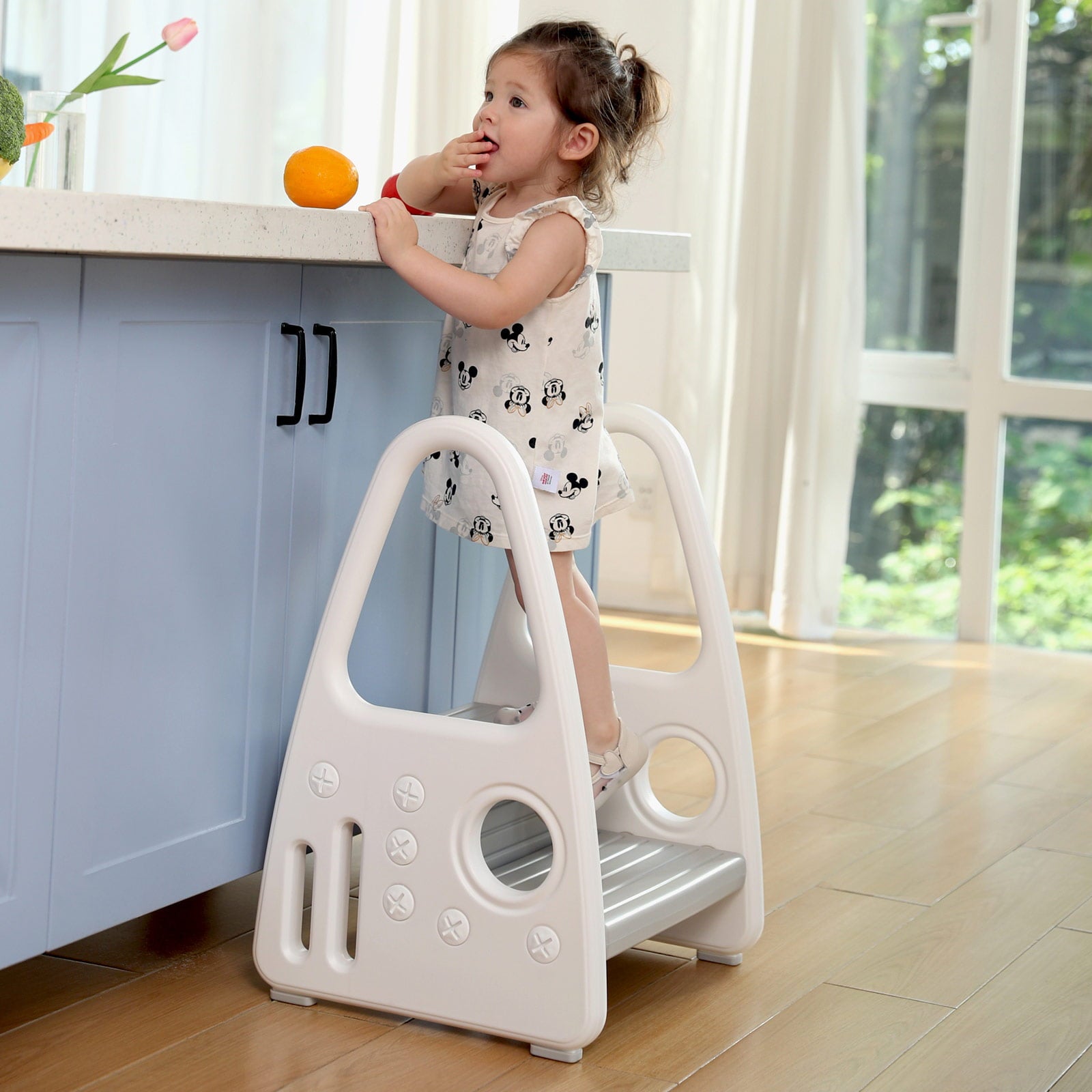 Mangohood Toddler Step Stool, Kids Two Step Tower for Bathroom Sink, Toilet Potty Training, Kitchen Counter, Children Step Up Learning Helper with Safety Handles and Non-Slip Pads,Gray