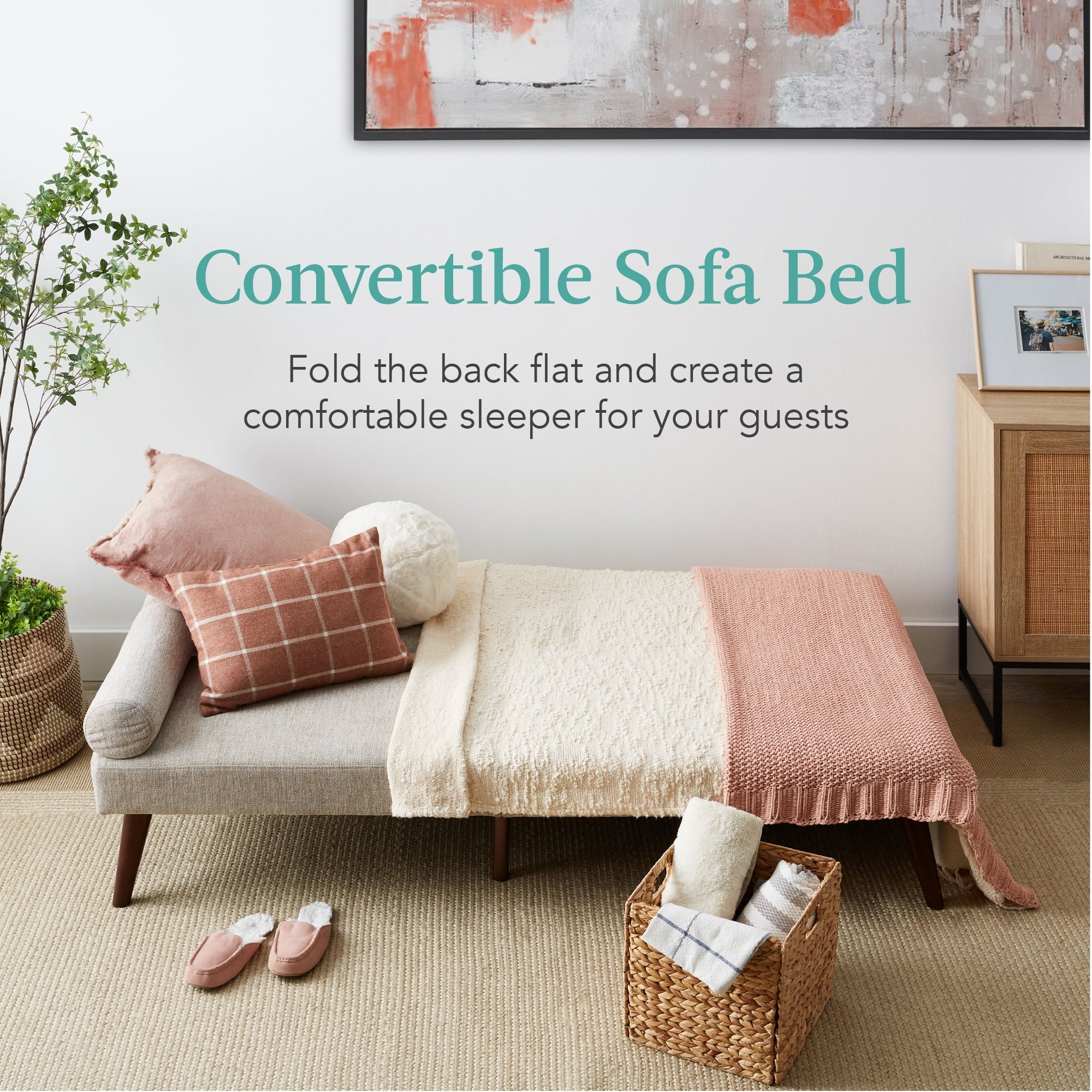 Best Choice Products Fabric Upholstered Convertible Futon w/ Rounded Armrests, Wooden Legs, 2 Cupholders - Sand