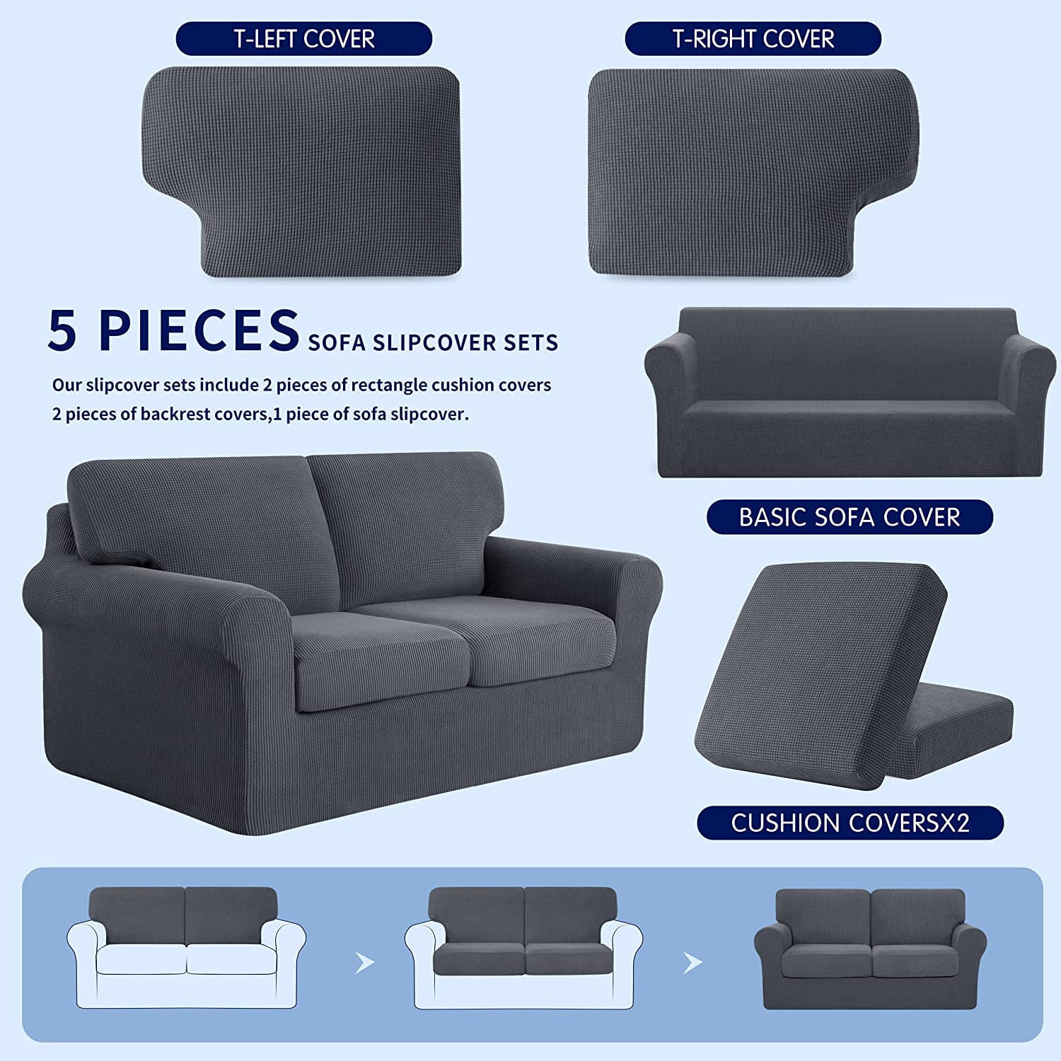 Subrtex Stretch Sofa Slipcover Sets with 2 Backrest Cushion Covers and 2 Seat Cushion Covers Gray