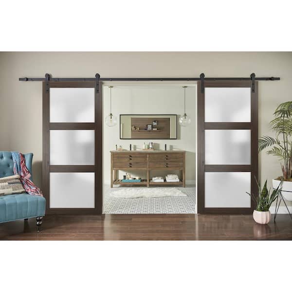 2552 72 in. x 96 in. 3 Panel Brown Finished Wood Sliding Door with Double Barn Hardware