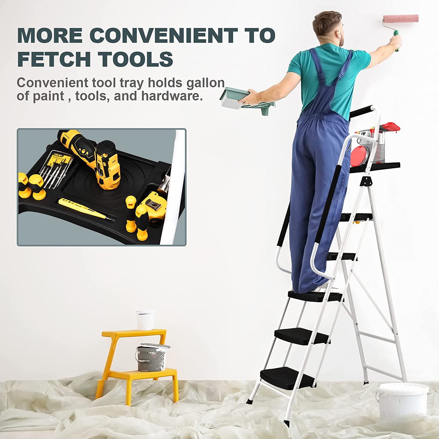 HBTower Folding 5-Step Ladder, 330lbs, with Handrails and Tool Tray and Anti-Slip Pedal, White