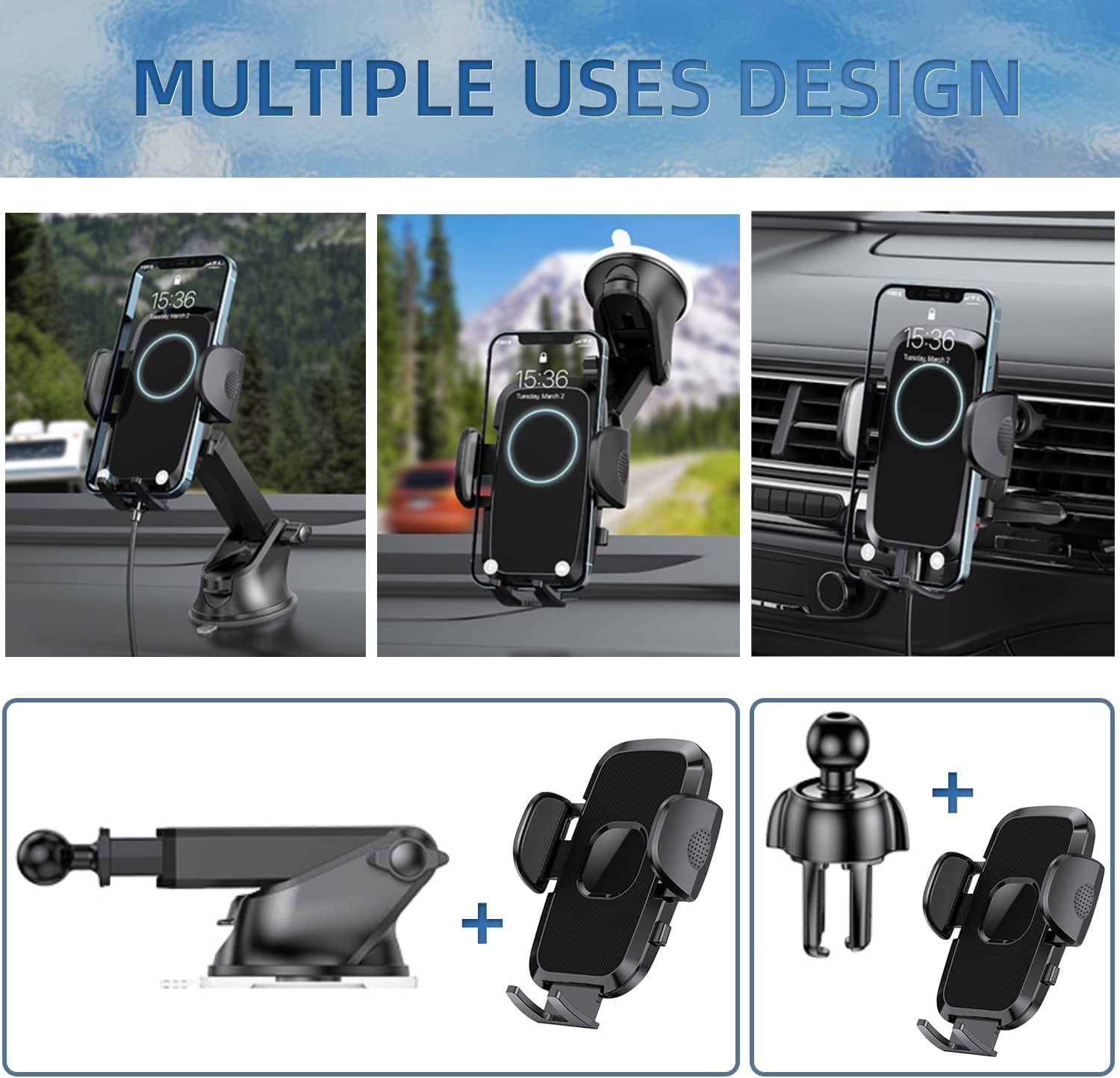 Charmount Car Phone Holder Mount, Cell Phone Holder for Car Dashboard Windshield Air Vent Compatible with iPhone 13 Pro Max 12 11 X XS XR 8 7, Samsung Galaxy S21 S20 S10+ All Phones