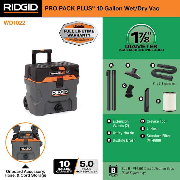 10 Gallon 5.0 Peak HP ProPack Plus Wet/Dry Shop Vacuum with Filter, Expandable Locking Hose and Accessories