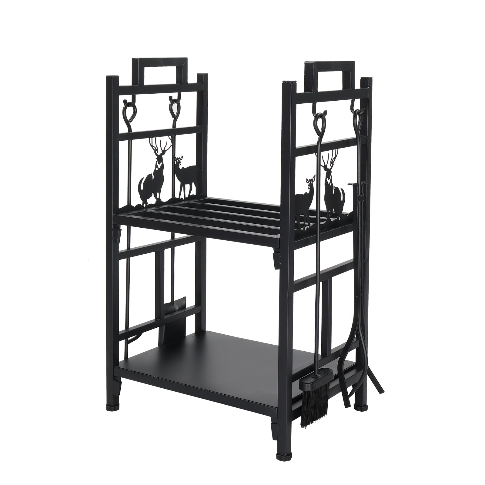 Ktaxon Firewood Rack Indoor Fireplace Tool Rack Outdoor Log Rack with 4 Tools Wood Holder Bin Firewood Holders Lumber Storage Stacking Black Wrought Iron Fireplace Logs Holder Stove