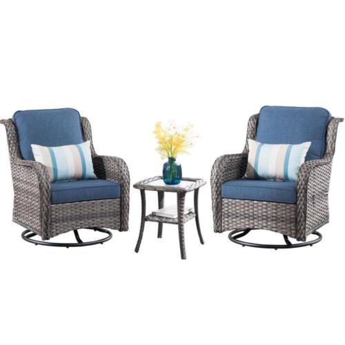 OVIOS Patio Conversation Seating Set w/ Swivel Rocking Chair+Denim Cushion Blue