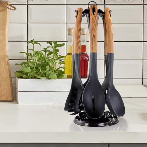 Black Nylon Cooking Utensils with Wood Design (Set of 7)
