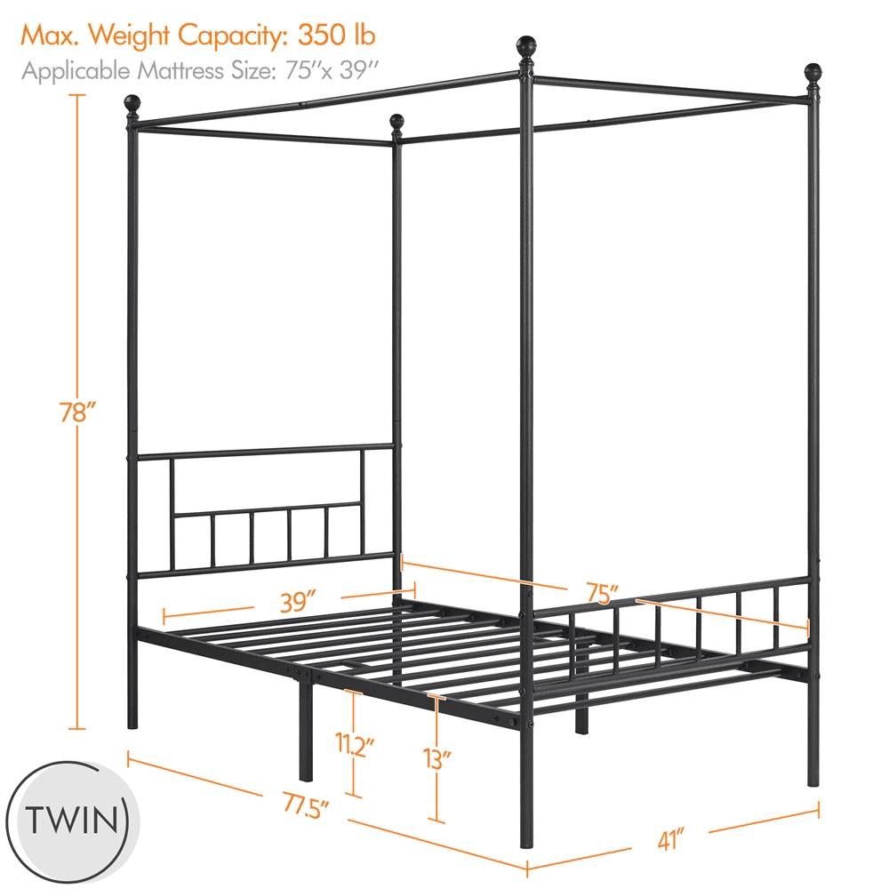 Easyfashion Juno Metal Canopy Frame Four Poster Bed with Headboard and Footboard, Black, Twin
