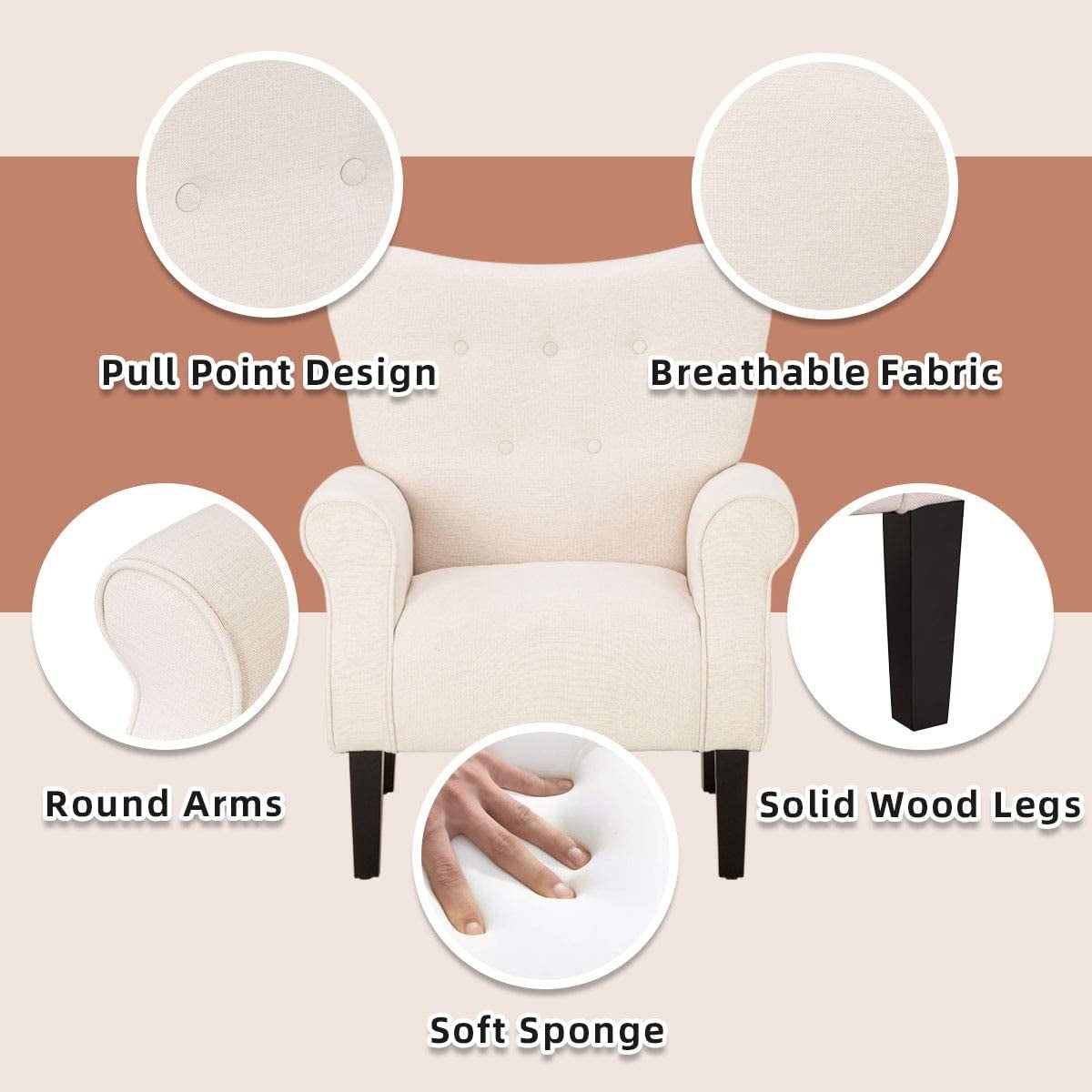 Richryce MidCentury Accent Chair with Arm ,High Back Armchair Beige,Beige