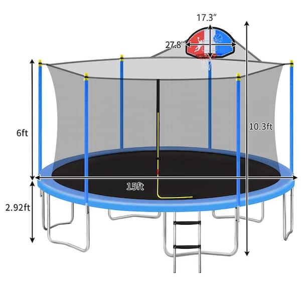 15 ft. Outdoor Round Steel Trampoline in Blue for Kids with Safety Enclosure Net Basketball Hoop and Ladder
