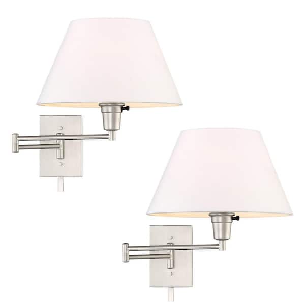 Cambridge 13 in. 150-Watt 1-Light Satin Nickel Swing Arm Wall Lamp with White Fabric Shade, 2-Pack